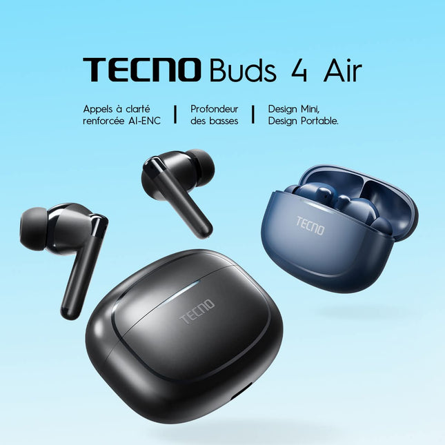 TECNO Buds 4 Air - Bluetooth 5.4 - 22h d'écoute - Résistants à l'eau et à la poussière